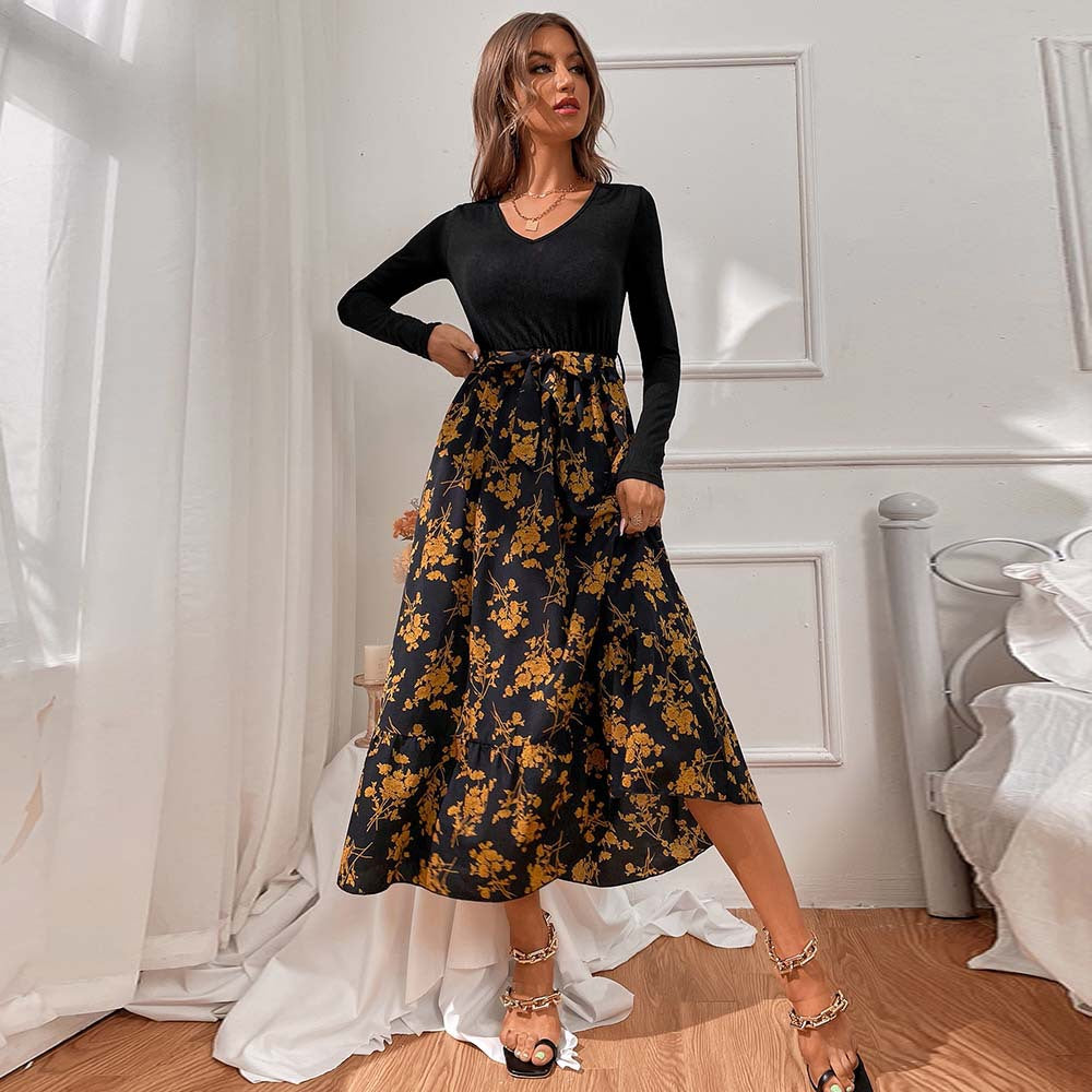 Damen figurbetontes V-Neck-Longsleeve Oberteil mit voluminösem Midi-Rock im floralem Wickelstil Drune