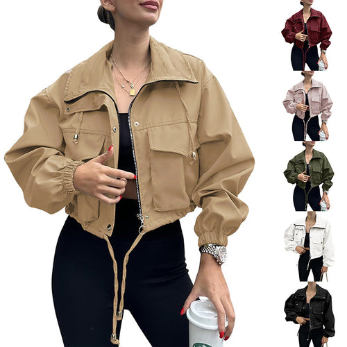 Damen kurze Utility-Jacke mit Kordelzug, Reißverschluss und aufgesetzten Taschen Drune