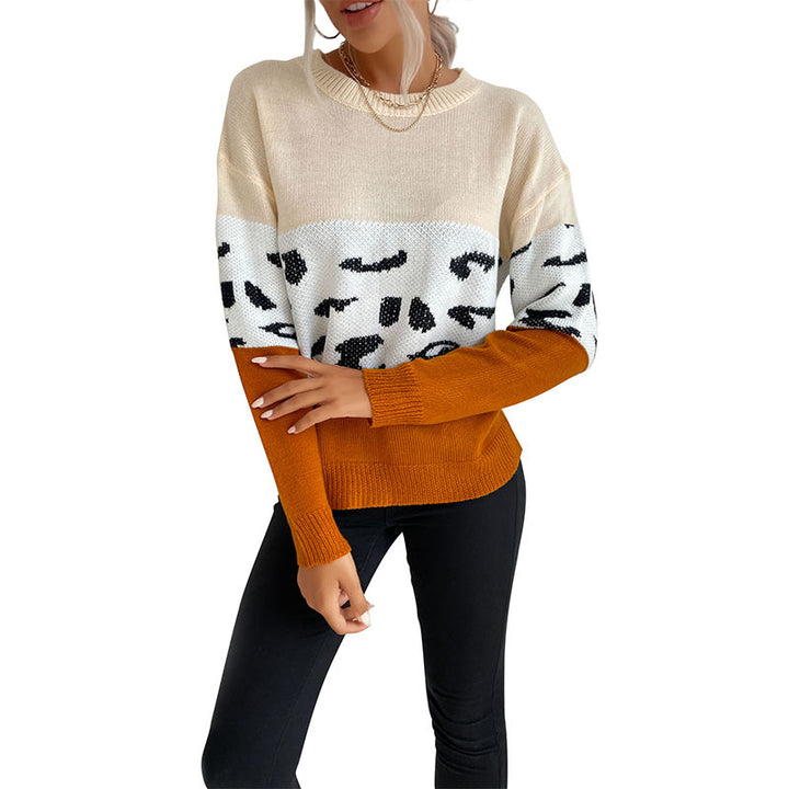 Damen Colorblock Strickpullover mit Leopardenmuster, Rundhals und lässiger Passform Drune