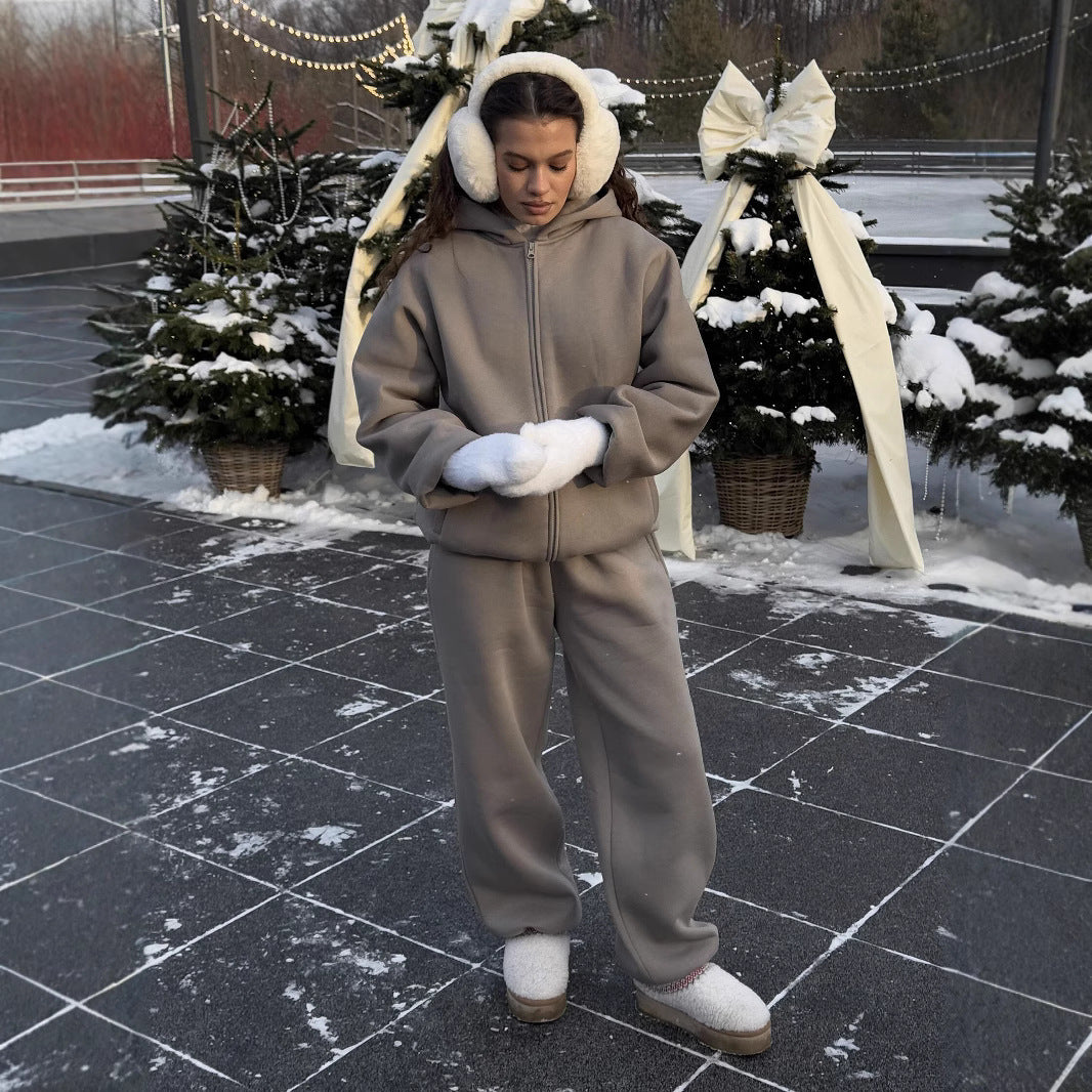 Damen Komfort-Kapuzen-Zipjacke mit verdecktem Reißverschluss, Kängurutasche und gerader Sweat-Hose Drune