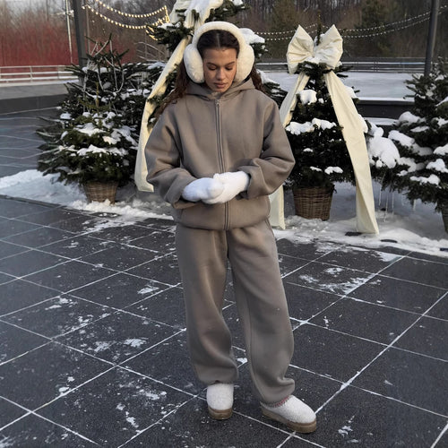 Damen Komfort-Kapuzen-Zipjacke mit verdecktem Reißverschluss, Kängurutasche und gerader Sweat-Hose Drune