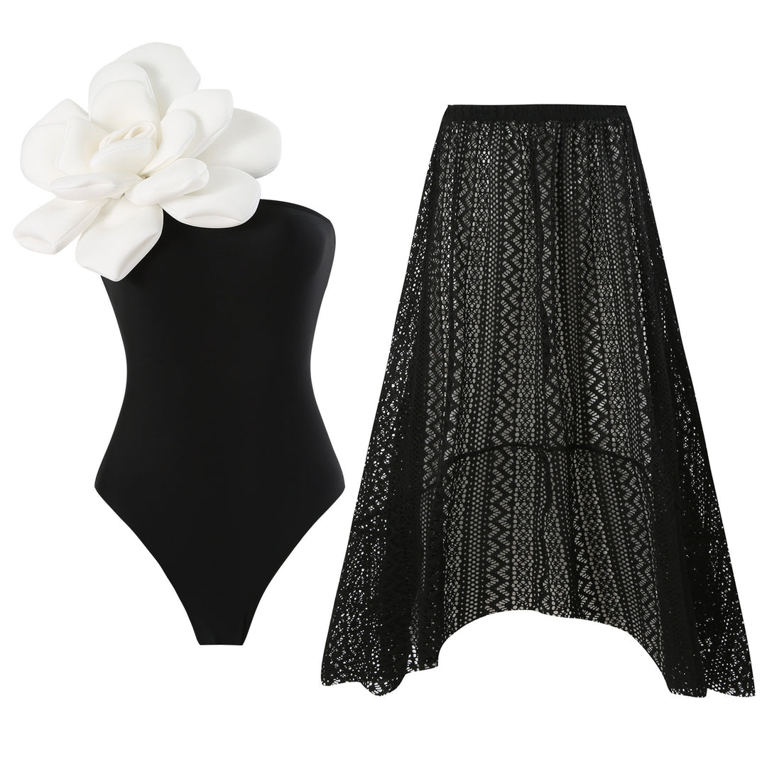 Damen Eleganter Badeanzug mit großem Blumen-Detail und transparentem Überrock Drune