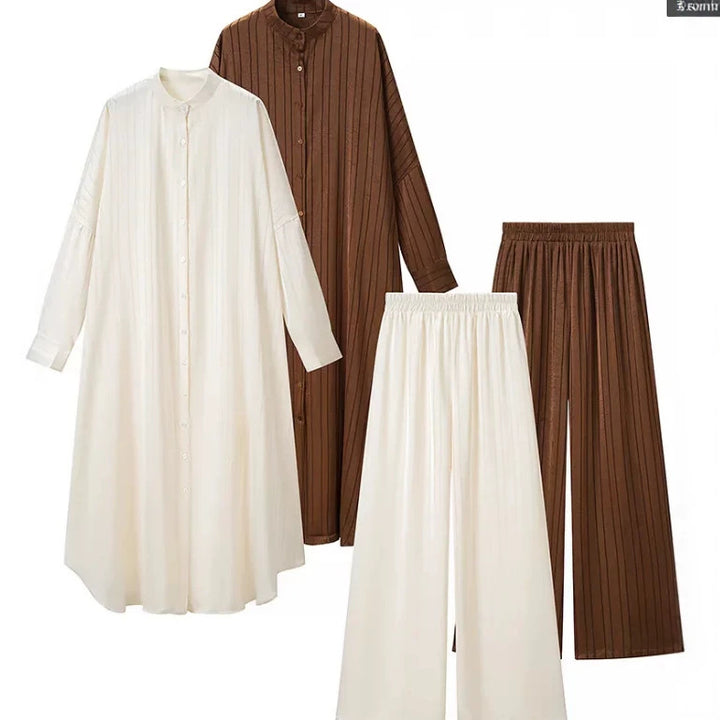 Damen Zweiteiliges fließendes Hemdblusen‑Maxikleid mit durchgehender Knopfleiste und passender elastischer Palazzo‑Hose Drune