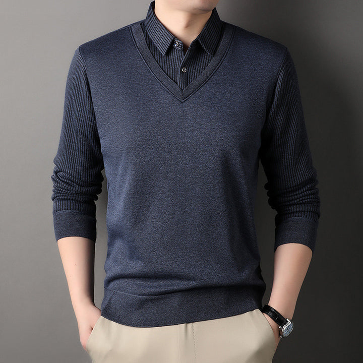 Herren Feinstrick-Pullover mit V-Ausschnitt und Hemdkragen-Optik Drune