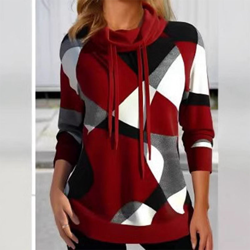 Damen Geometrischer Kapuzenpullover mit Kordelzug, Longline-Schnitt und Seitentaschen Drune