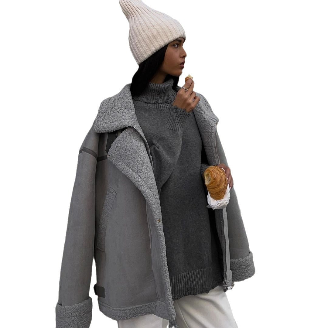 Damen Weit geschnittene Lammfellimitat-Fliegerjacke mit Kunstfellfutter Drune