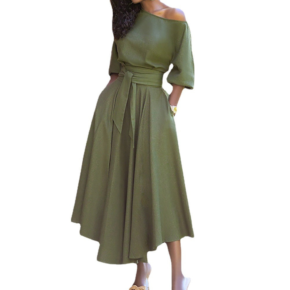 Damen Elegantes Maxi-Kleid mit schulterfreiem Design und Gürtel Drune