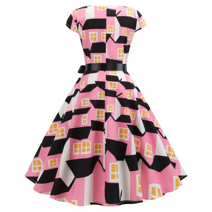 Damen Swingkleid mit Häuserdruck und einem schmalen Taillengürtel Drune