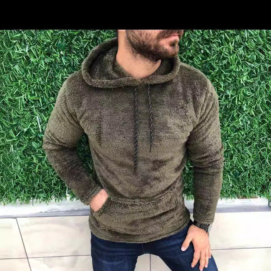 Herren nan Teddy-Plüsch Kapuzenpullover mit schmaler Passform und Kängurutasche Drune
