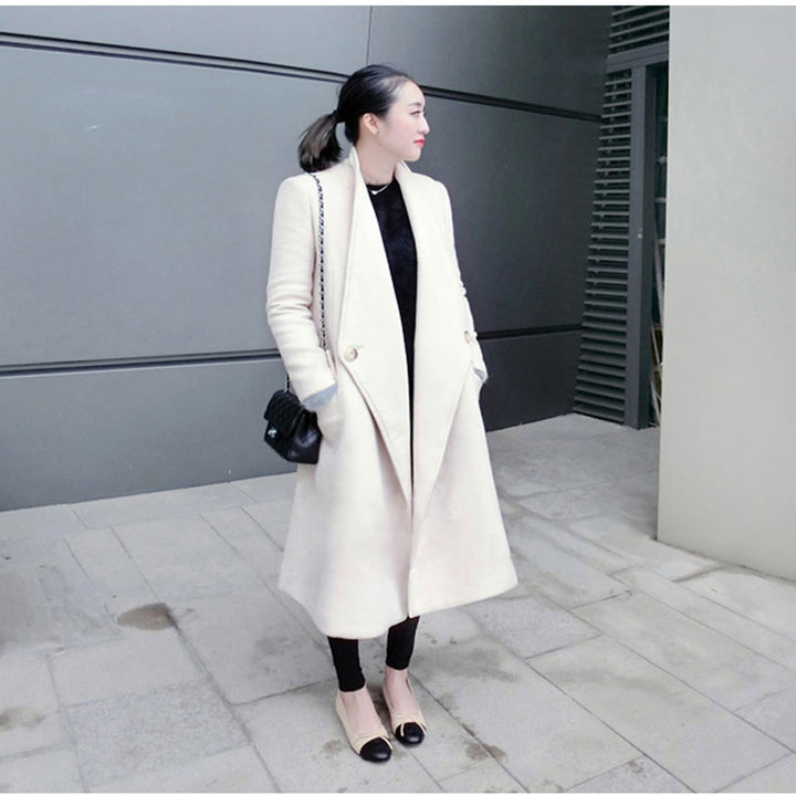 Damen Midilanger taillierter Wollmix-Longcoat mit Schalkragen, Eingrifftaschen und dezenten Zierknöpfen Drune