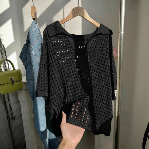Damen luftiges Strickoberteil mit modernem Netzdesign Drune