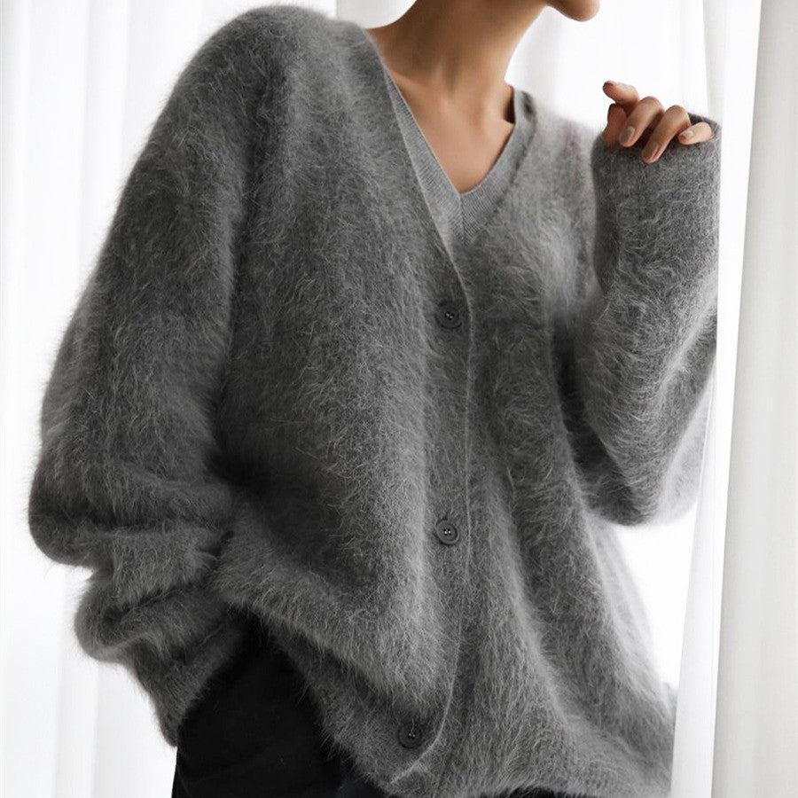 Damen Flauschiger Oversize-Knopfcardigan mit tiefem V-Ausschnitt und Eingrifftaschen Drune