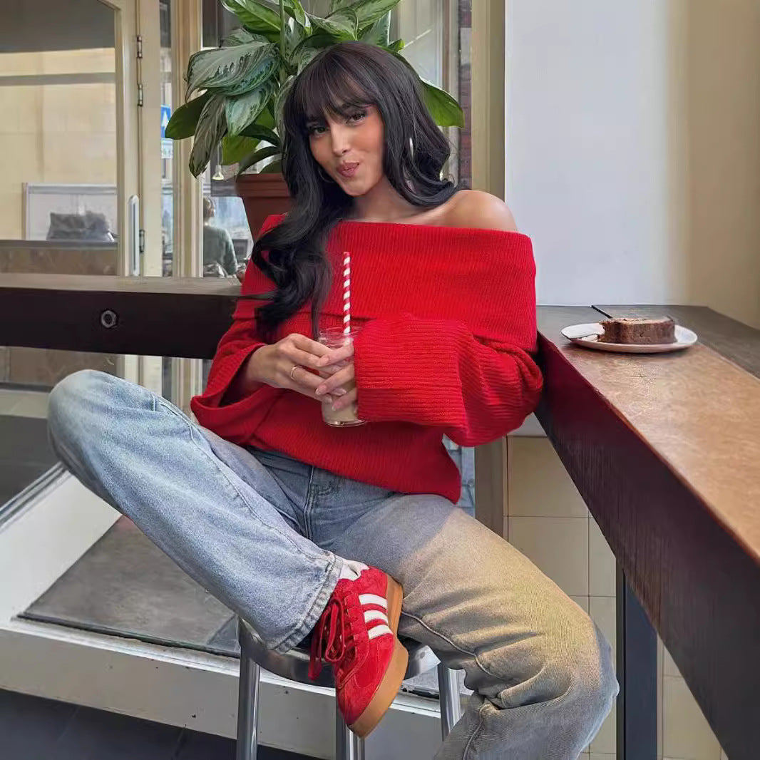 Damen Grobstrick-Oversize-Pullover mit weitem Umschlagkragen Drune