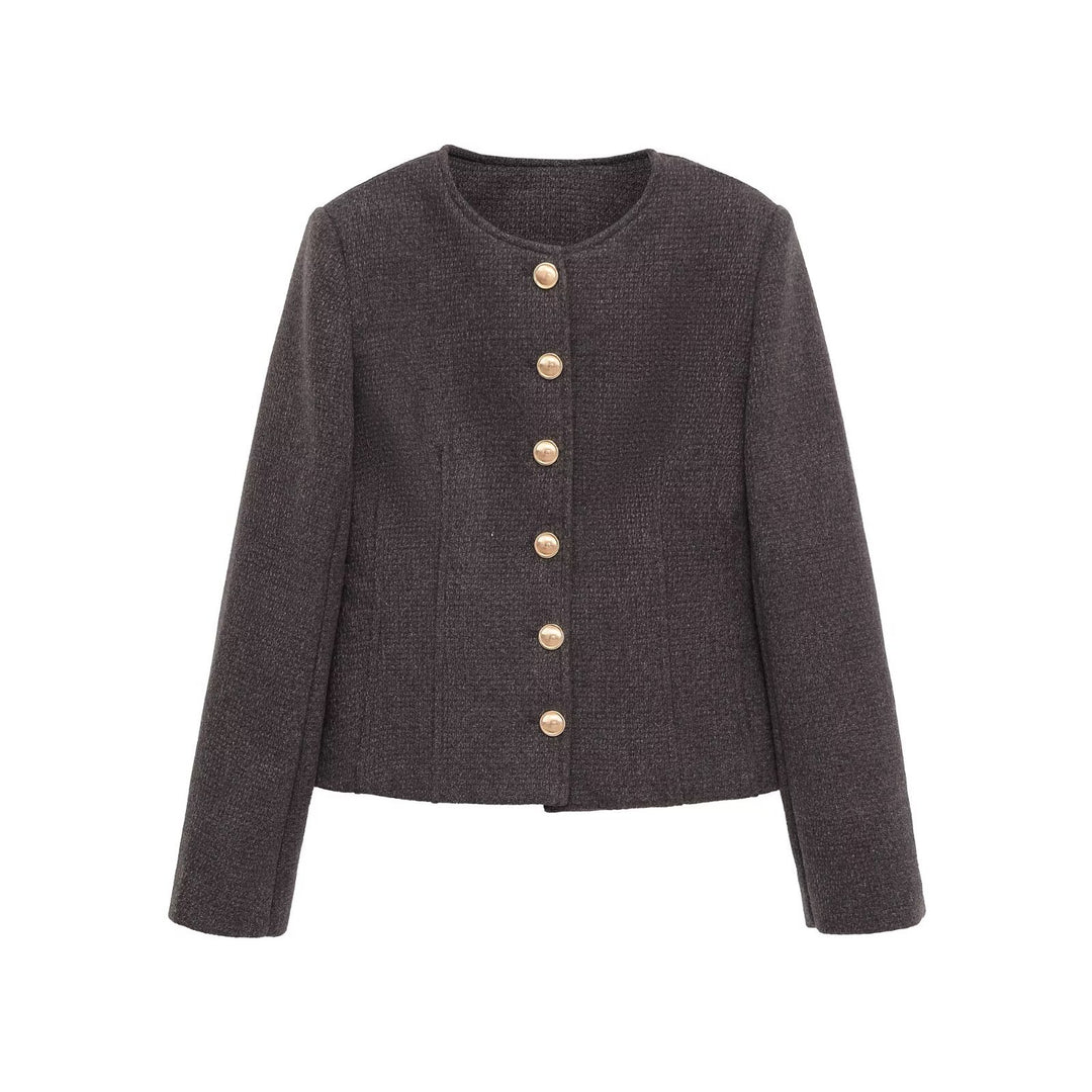Damen Kurzblazer aus Bouclé mit Rundhals und goldenen Zierknöpfen Drune