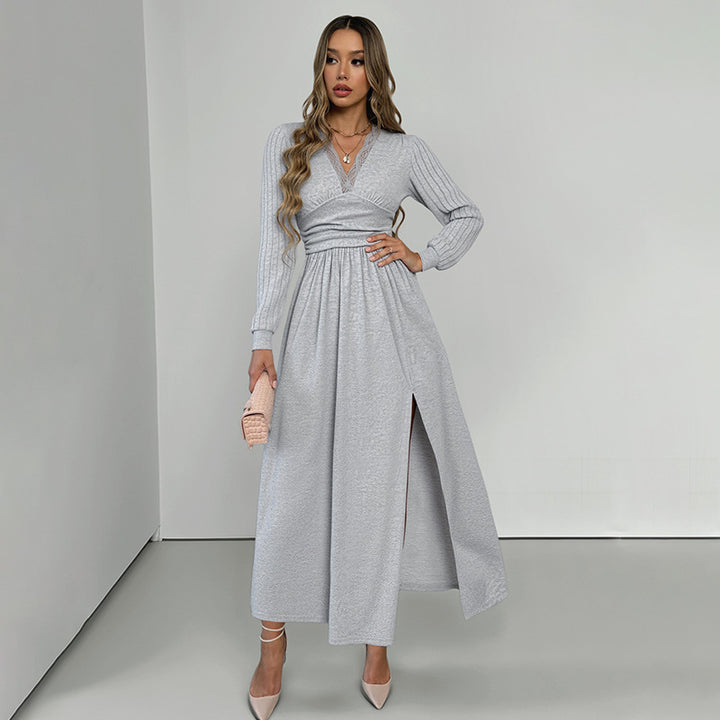 Damen Elegantes Wickel‑Maxikleid mit Spitzenbesatz, tailliertem Knotenbund und hohem Beinschlitz Drune