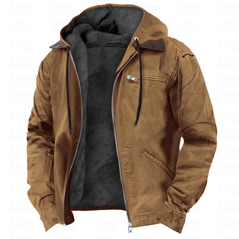 Herren Gefütterte Kapuzenjacke mit Teddyfutter, winddichtem Canvas und Reißverschlusstaschen Drune