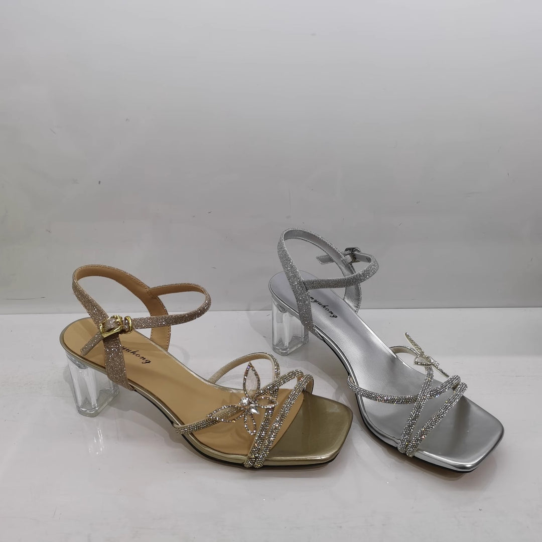 Damen Sandalette mit transparentem Blockabsatz, quadratischer Zehenbox und funkelnden Riemchen Drune
