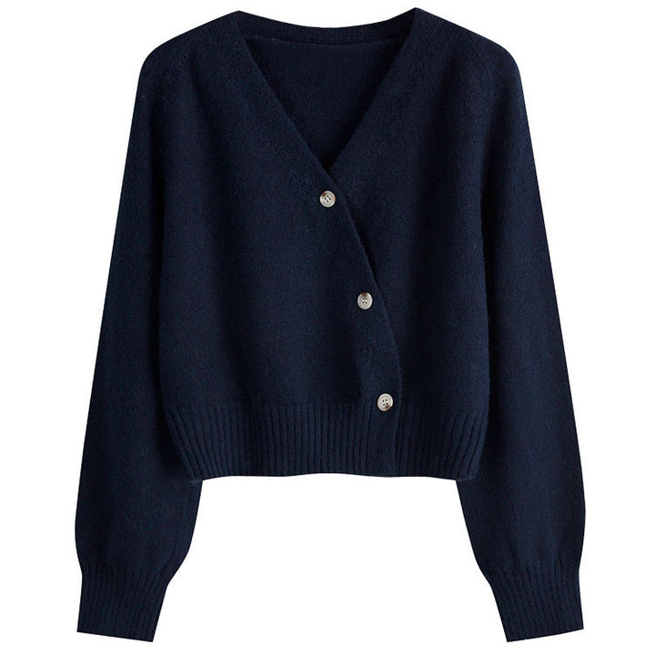 Damen kuschelige cropped Strickjacke mit tiefem V-Ausschnitt und großen Knöpfen Drune