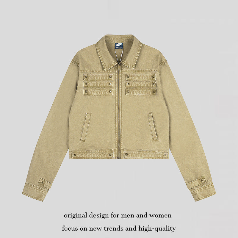 Damen Kurz geschnittene Canvas-Jacke mit Hemdkragen und Pyramidennieten Drune
