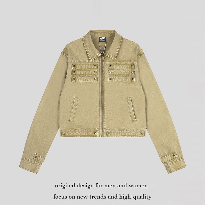 Damen Kurz geschnittene Canvas-Jacke mit Hemdkragen und Pyramidennieten Drune