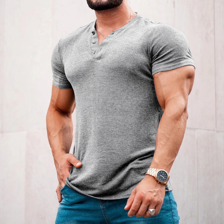 Herren nan muskelbetontes Kurzarmshirt mit Knopfleiste und V-Ausschnitt aus Baumwollstretch Drune
