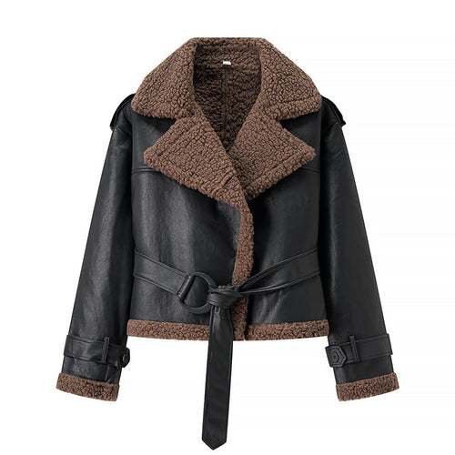 Damen trendige Bikerjacke mit Kunstfellkragen und Gürtel Drune