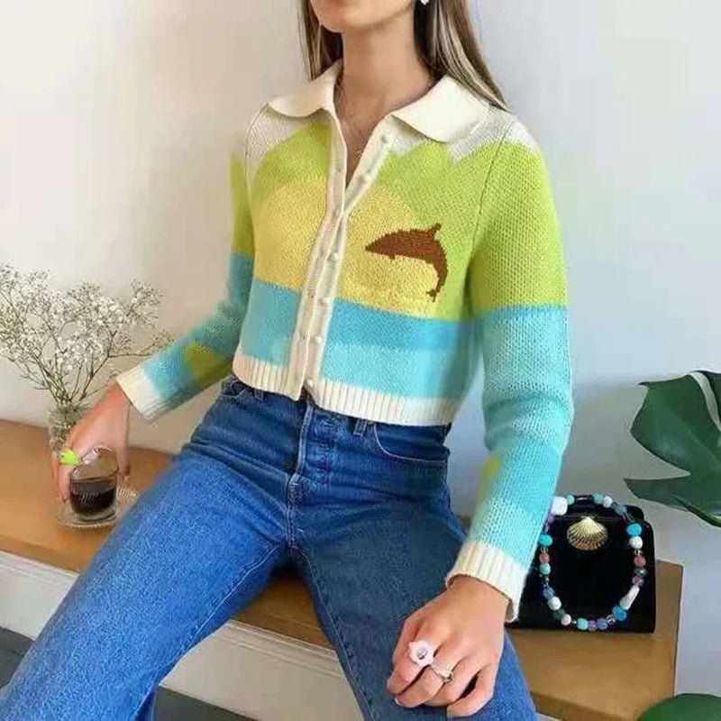 Damen trendige Strickjacke mit niedlichem Delfin-Design und knöpfbarem Kragen Drune