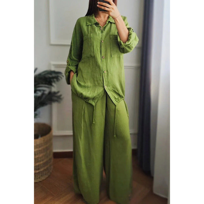 Damen Leinen-Set mit weiten Hosen undlässiger Bluse Drune