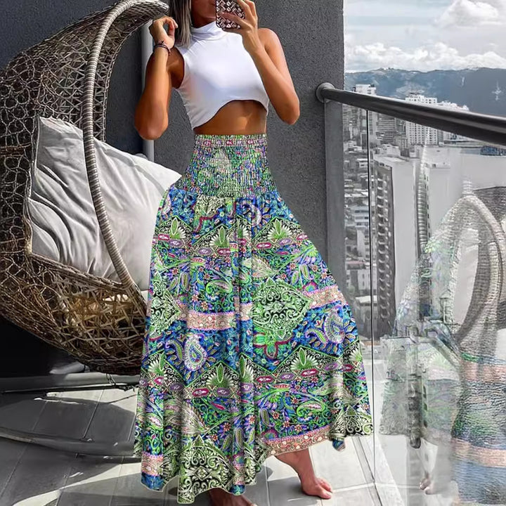 Damen Maxirock mit hohem Smokbund, weitem Fall und Paisley‑Print Drune