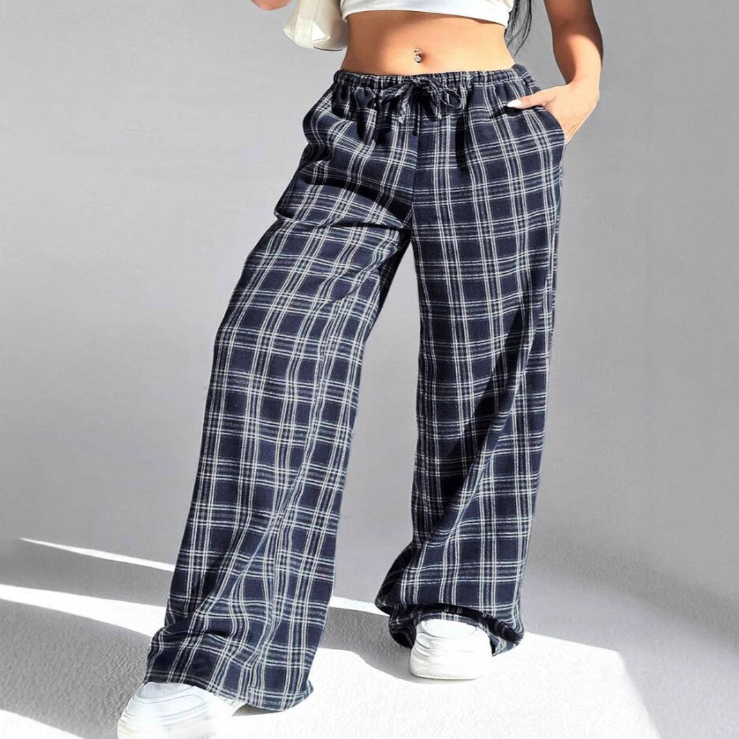 Damen Weite Karo Freizeithose mit elastischem Bund und Kordelzug Drune
