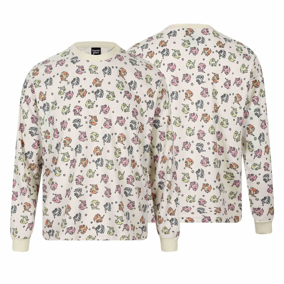 Damen Waffel‑Thermalshirt mit verspieltem Allover‑Print und geripptem Rundhals Drune