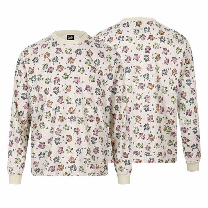 Damen Waffel‑Thermalshirt mit verspieltem Allover‑Print und geripptem Rundhals Drune