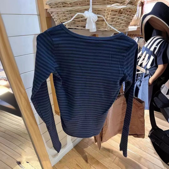 Damen Langarm-Henley-Shirt mit feinen Streifen Drune