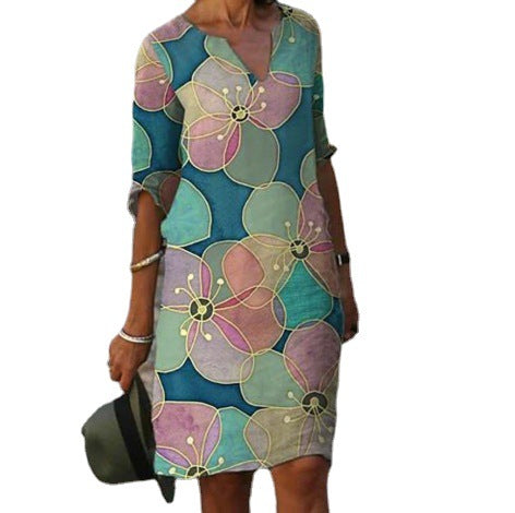 Damen Elegantes Kleid mit floralem Jacquard-Muster und V-Ausschnitt Drune