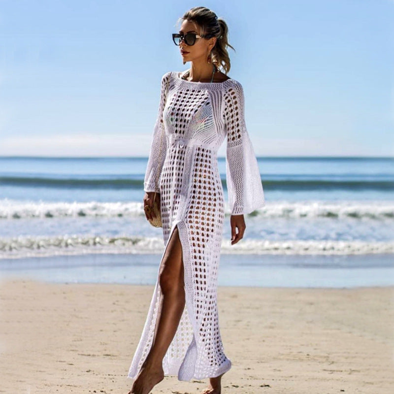 Damen Luftiges Häkel-Strandkleid mit langen Ärmeln und seitlichem Schlitz Drune