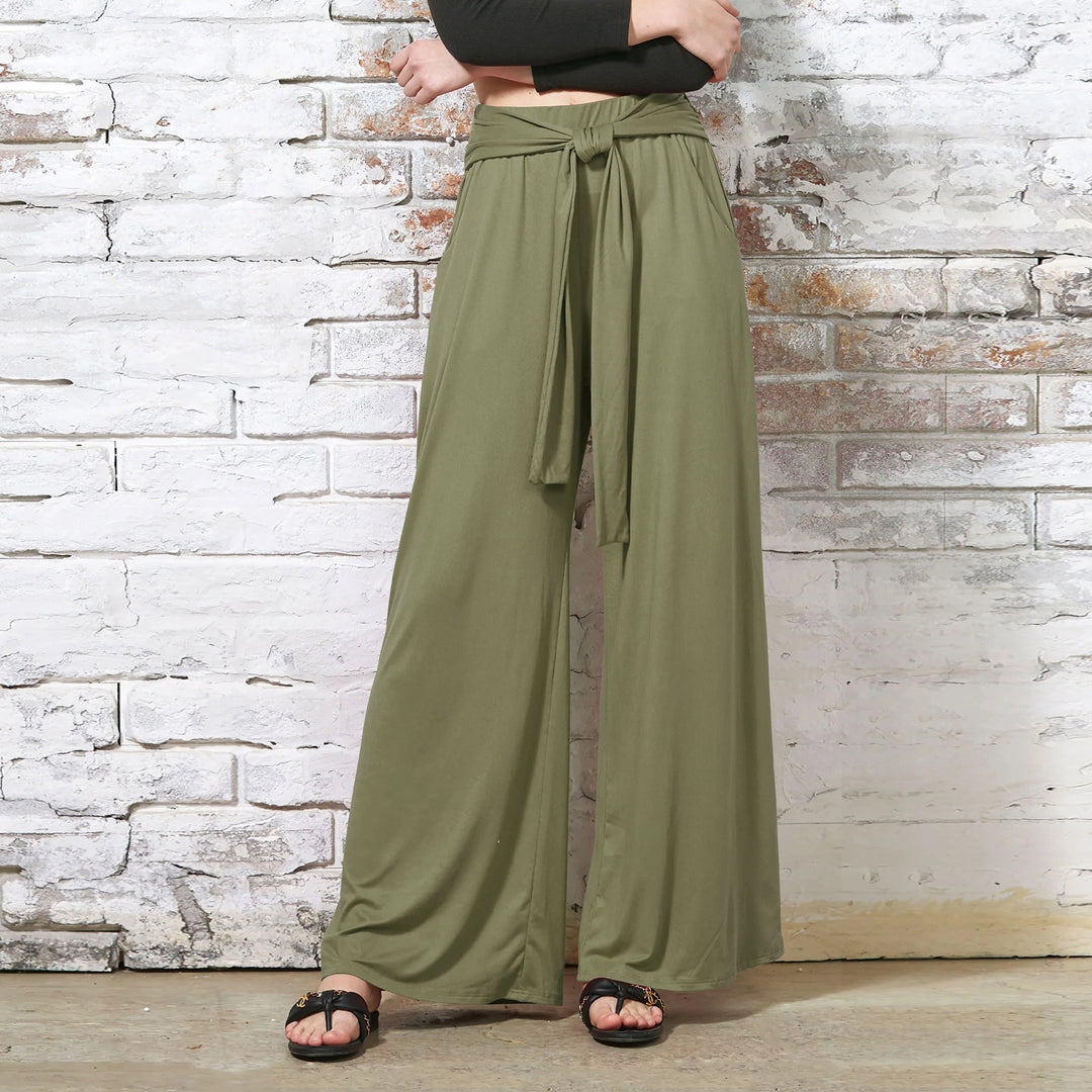 Damen Hochtaillierte Weite Palazzo-Hose mit Selbstbindendem Taillenbund und Seitentaschen Drune