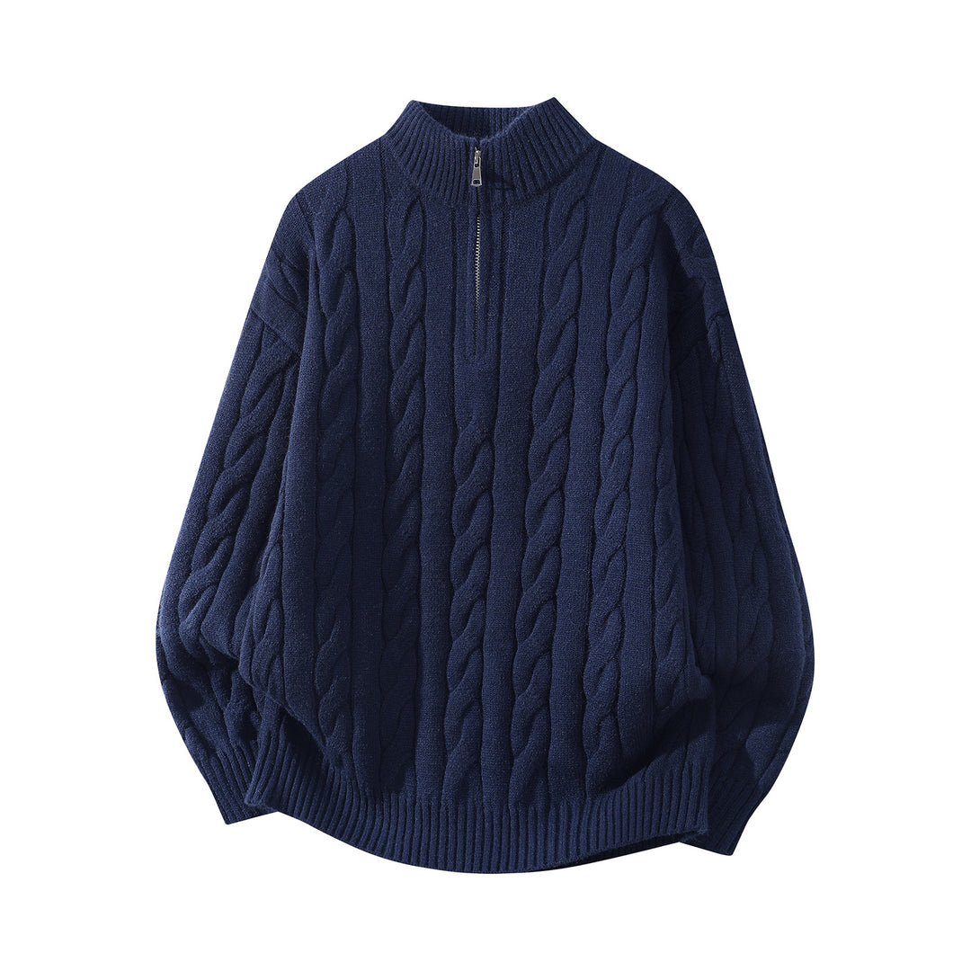 Damen Oversize Zopfmuster-Halbreißverschluss-Pullover mit Ballonärmeln und Stehkragen Drune