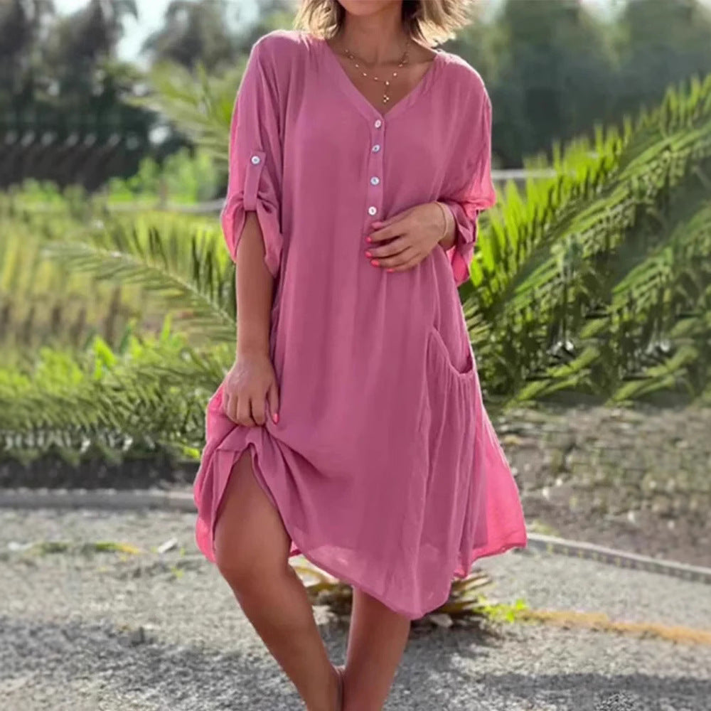 Damen nan luftiges V-Ausschnitt Strandkleid mit Knopfleiste, Krempelärmeln und aufgesetzten Seitentaschen Drune