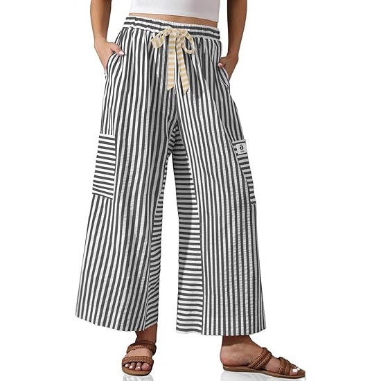 Damen weite Palazzo-Hose mit gestreiftem Muster und praktischen Taschen Drune