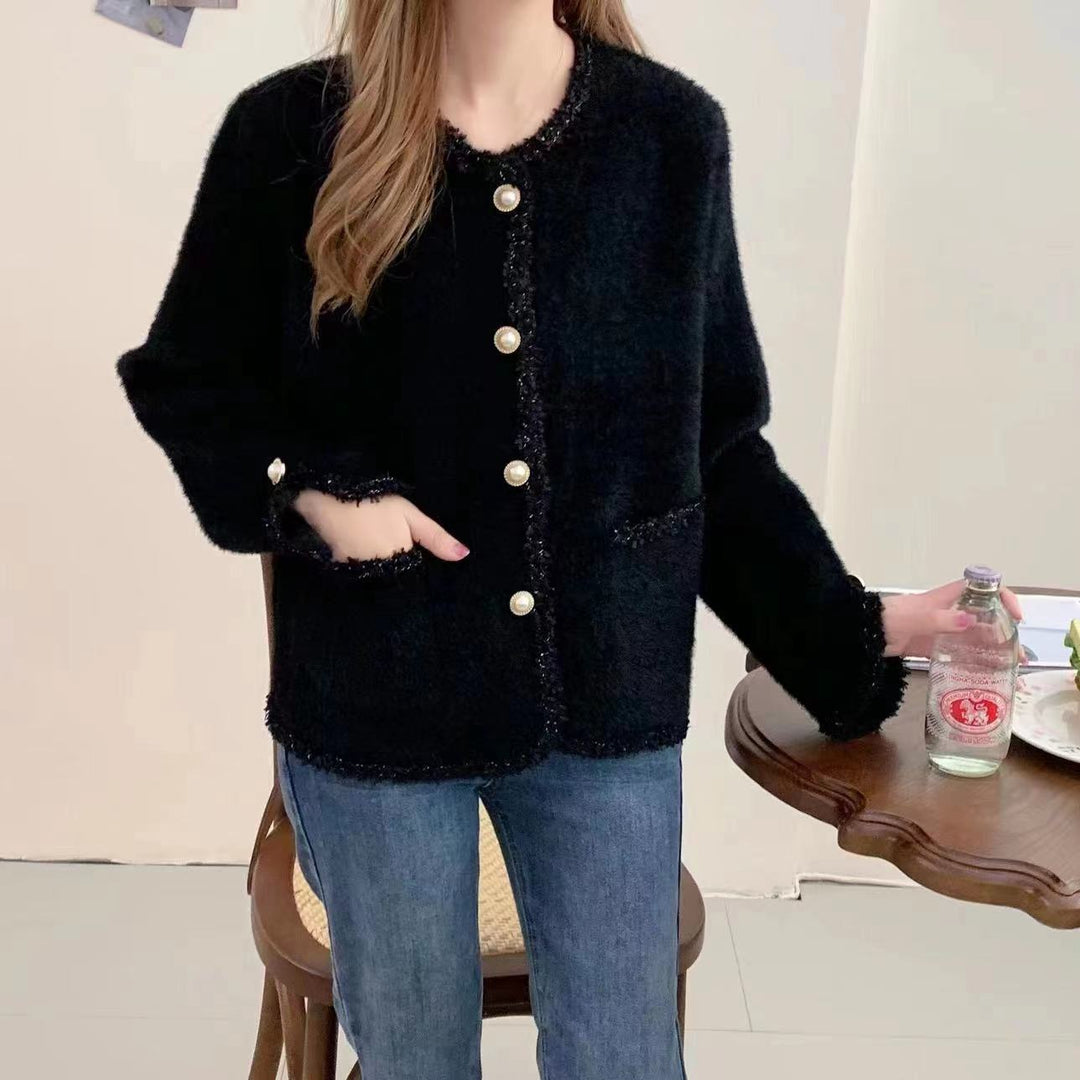 Damen Bouclé-Jacke mit eleganten Perlenknöpfen Drune