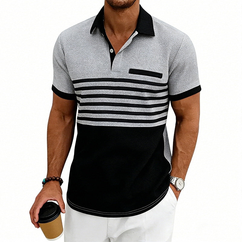Herren nan Jacquard-Polo mit Blockstreifen, Brustblende und Baumwollmix Drune