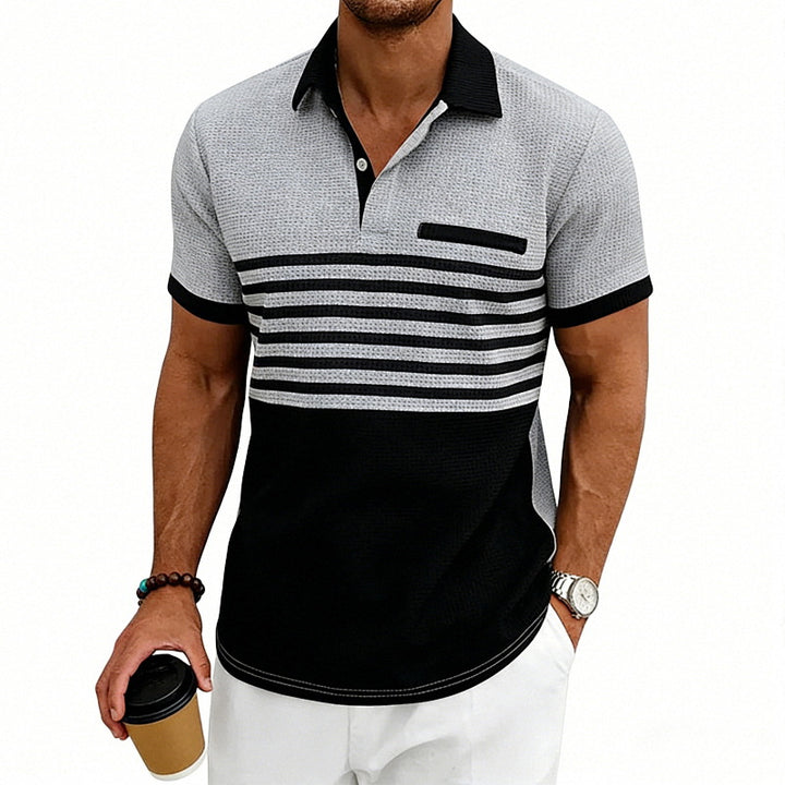 Herren nan Jacquard-Polo mit Blockstreifen, Brustblende und Baumwollmix Drune