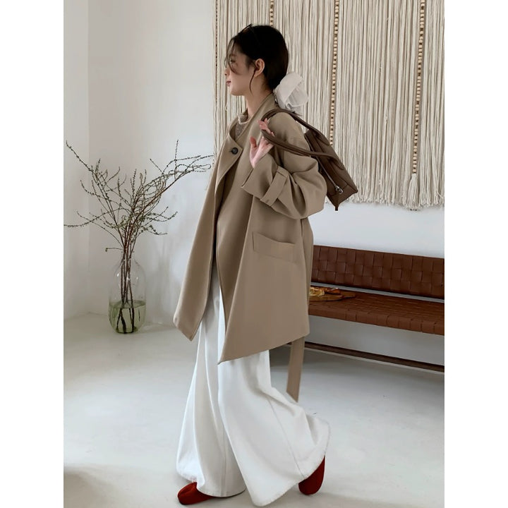 Damen Kurzer Oversize-Mantel mit Bindegürtel, breiten Pattentaschen und legerer Schulter Drune
