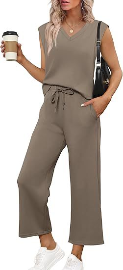 Damen Lässiges Zweiteiliges Lounge-Set mit Ärmellosem V-Neck-Top und Weiten Kordelbund-Hosen Drune
