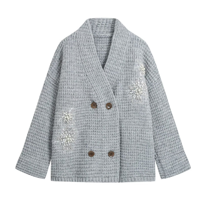 Damen Waffel-Strick-Cardigan mit doppelreihiger Knopfleiste und Schmuckapplikation Drune