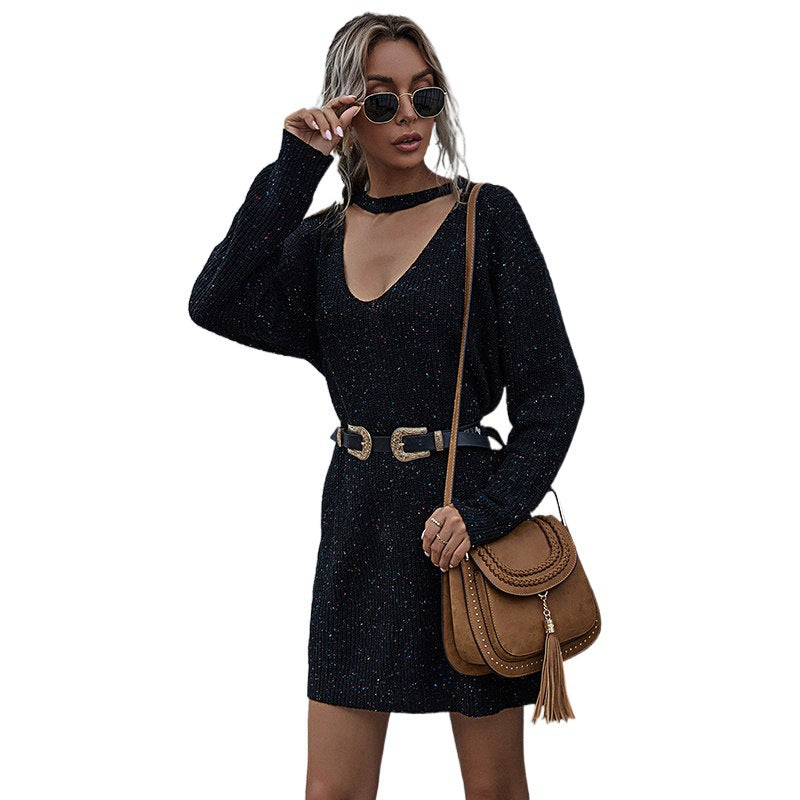 Damen Elegantes Strickkleid mit tiefem Ausschnitt und Gürtel Drune