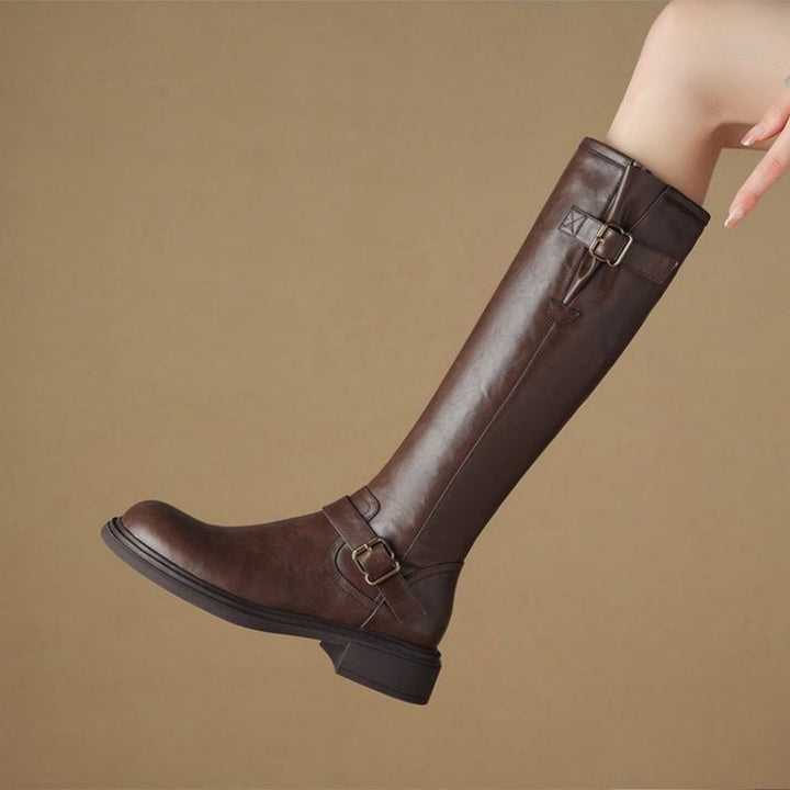Damen Kniehohe Combat‑Stiefel mit glatter Lederoptik, seitlichem Reißverschluss und Deko‑Schnallen Drune