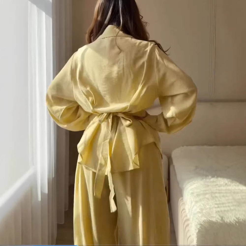 Damen Elegantes zweiteiliges Satin-Loungewear-Set mit taillierter Bluse und weitem Hosenbein Drune