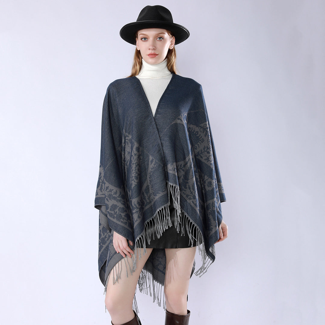 Damen Wendbarer Feinstrick-Poncho mit Jacquardmuster und Fransensaum Drune
