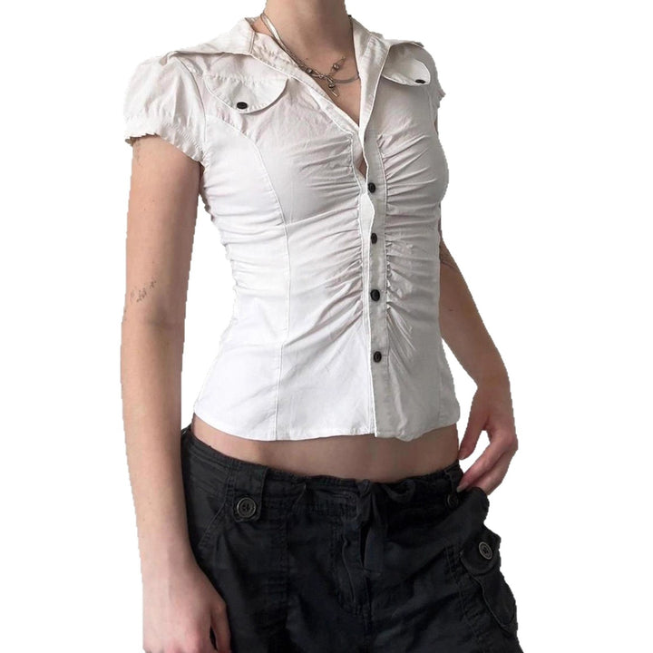 Damen figurbetontes Blusenshirt mit eleganten Rüschendetails und Knopfverschluss Drune
